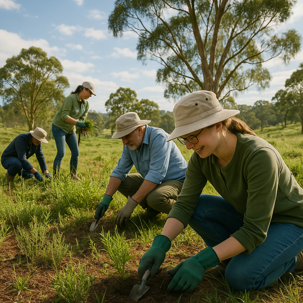 Four volunteers wearing hats and gloves work together in a grassy outdoor area, pulling weeds and planting seedlings under clear skies, with trees and hills in the background.