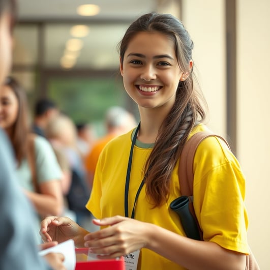 Smiling college student in a yellow shirt volunteering at a campus event registration desk.