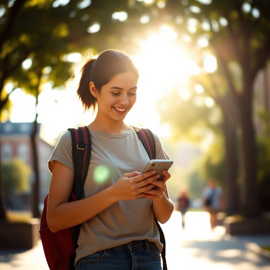 A college student standing on a sunlit campus, casually dressed, looking down at her phone.