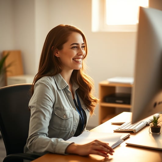 Smiling young woman working on a computer in a warmly lit campus office.