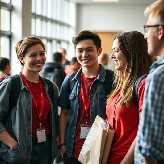 Group of college students in red shirts smiling and talking in a campus hallway.