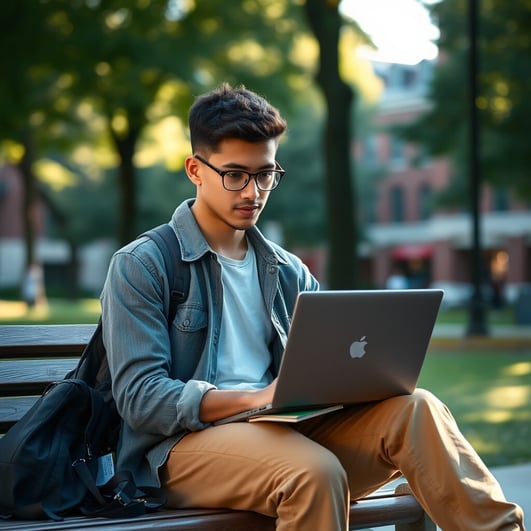 College student sitting outdoors on a campus bench, working on a laptop.