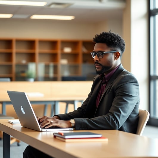 A volunteer manager sitting at a desk at a college, working on a laptop, focused and professional.