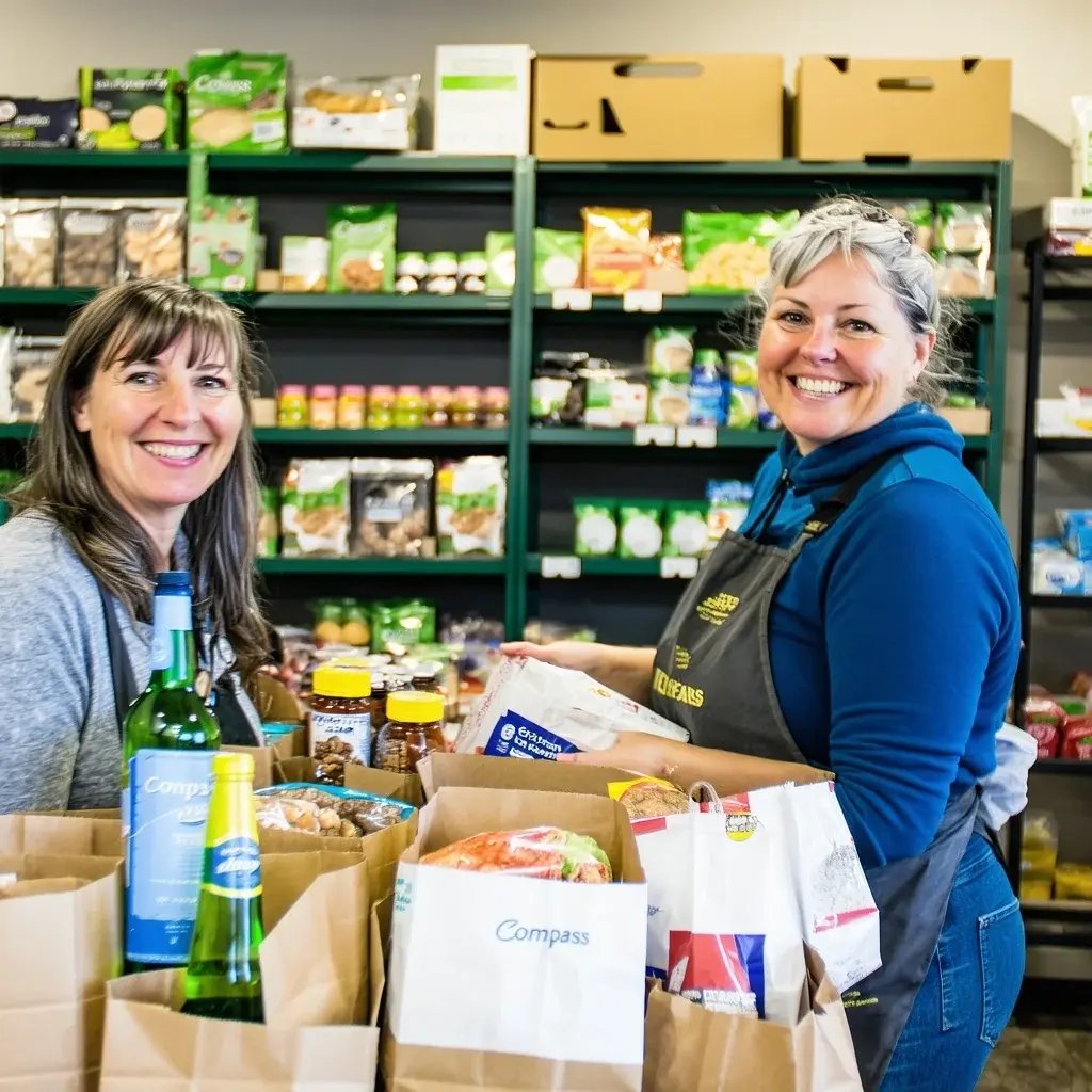 A cozy indoor scene at The Compass Food Bank Outreach Centre showing two women smiling and shelves neatly stocked with food and essential items.