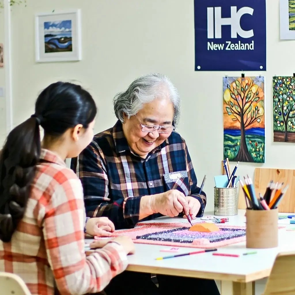 A cozy indoor scene showing a person with an intellectual disability working on a craft project at a table smiling with pride.