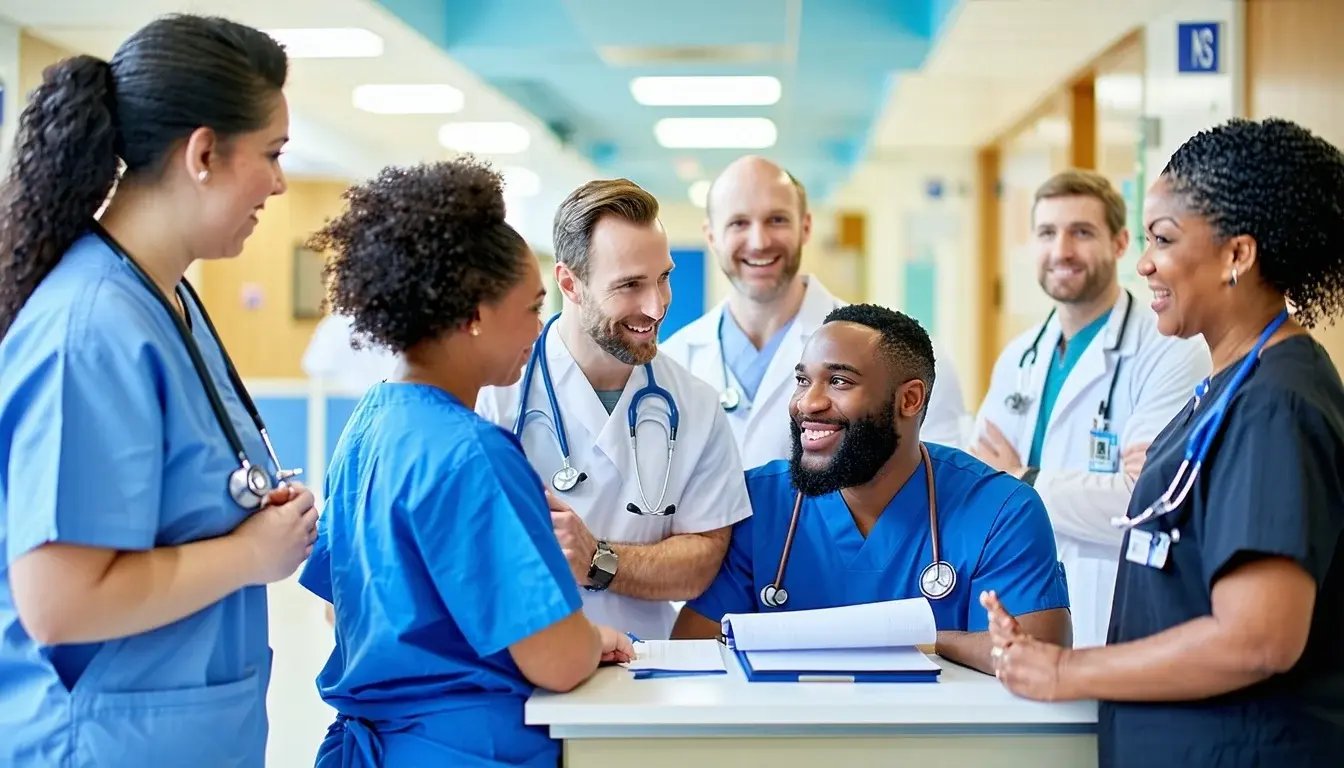 A dynamic UK hospital environment showcasing compassionate NHS care in action The scene features a multicultural team of healthcare professionalsdoctors nurses and allied health staffworking together in a bright mo