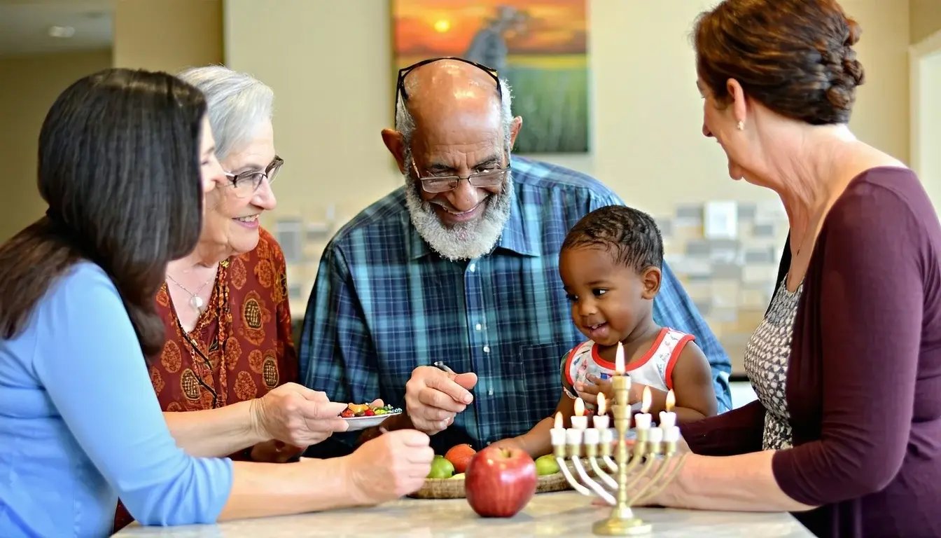 A diverse group of older adults and a young child share food and smiles around a table with fruit and a menorah, symbolizing family, community, and tradition.