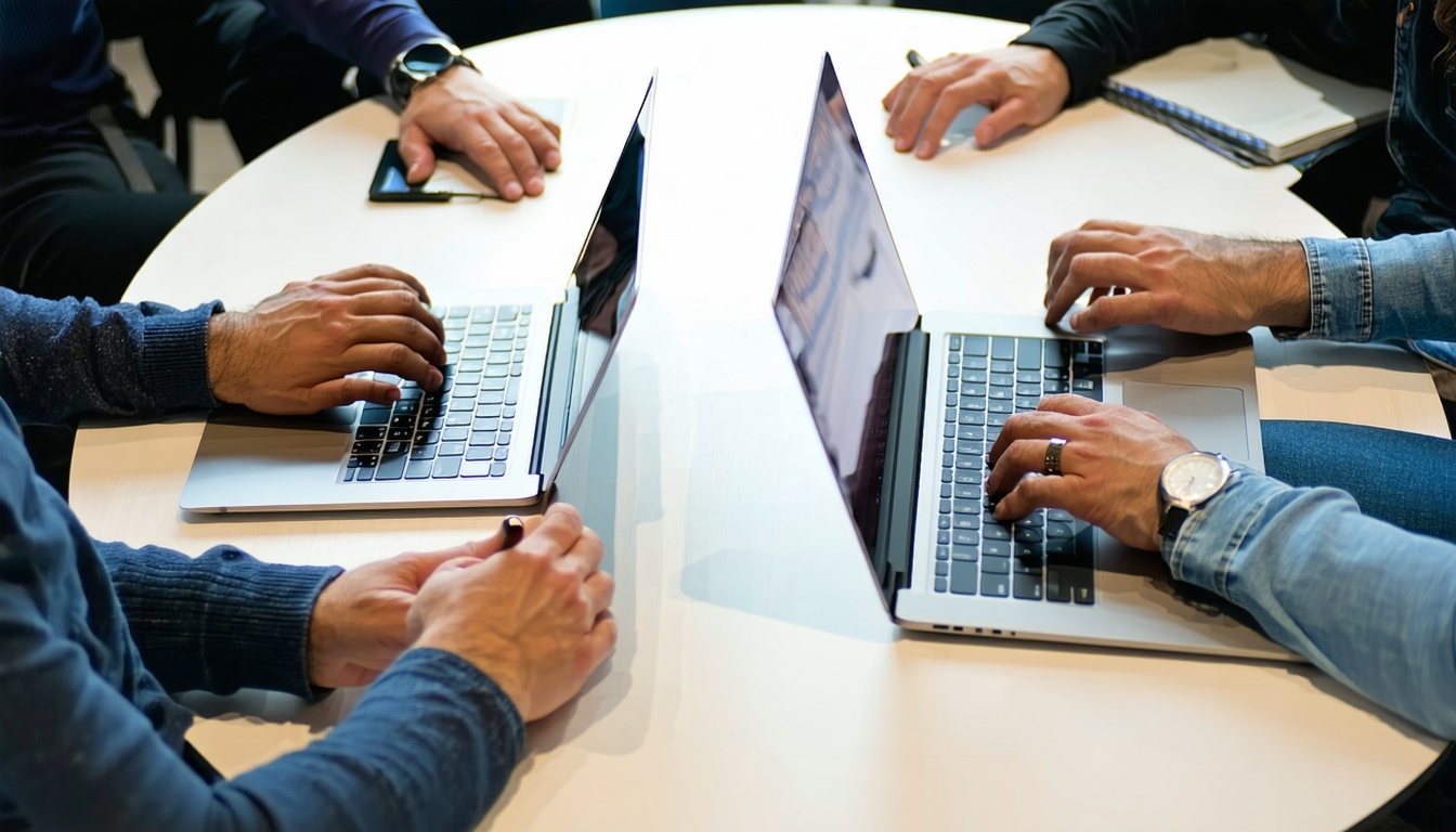 A rund table with 2 laptops Can see peoples hands working on the laptops-3