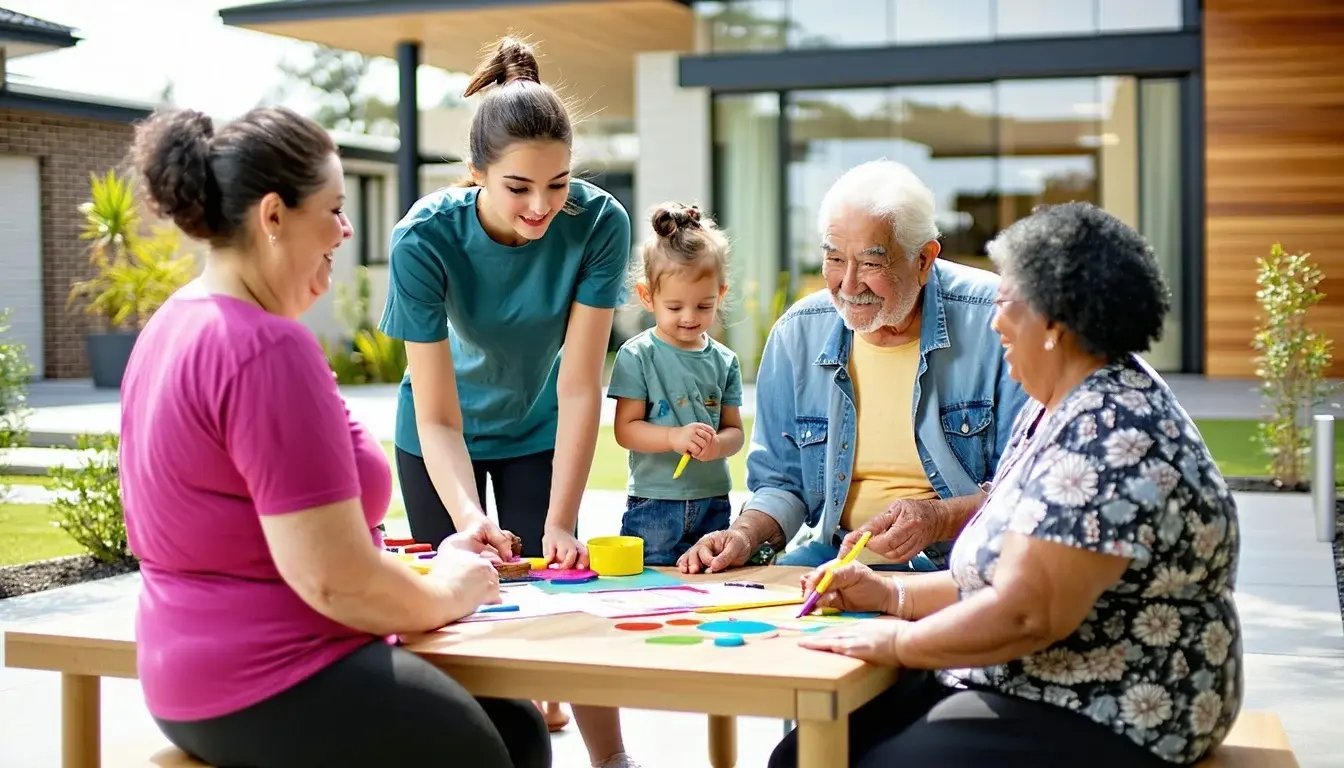 A multigenerational group enjoys an outdoor art activity at a community center, with children, adults, and seniors smiling and painting together around a wooden table, symbolizing inclusion and togetherness.