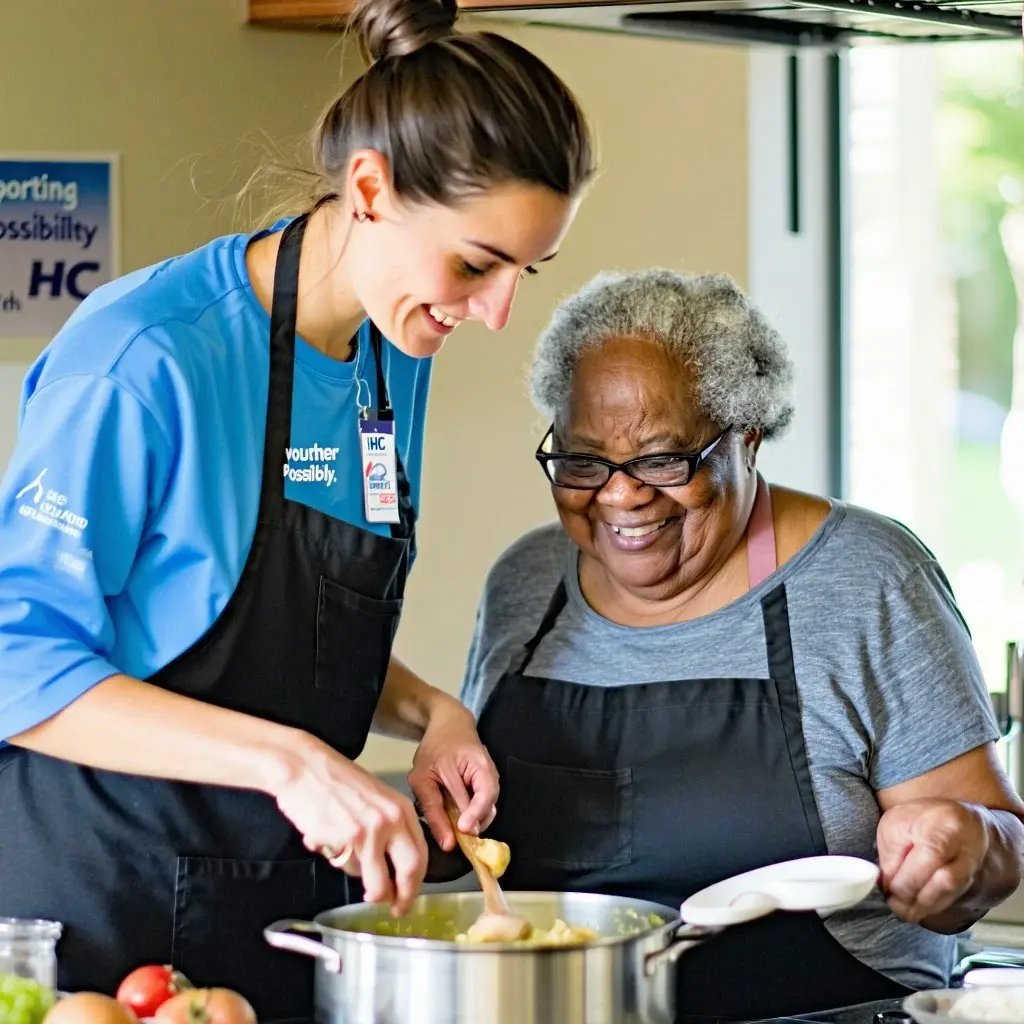 A warm indoor scene showing an IHC New Zealand volunteer assisting a person with an intellectual disability as they prepare a simple meal together in a homestyle kitchen The volunteer offers friendly guidance while