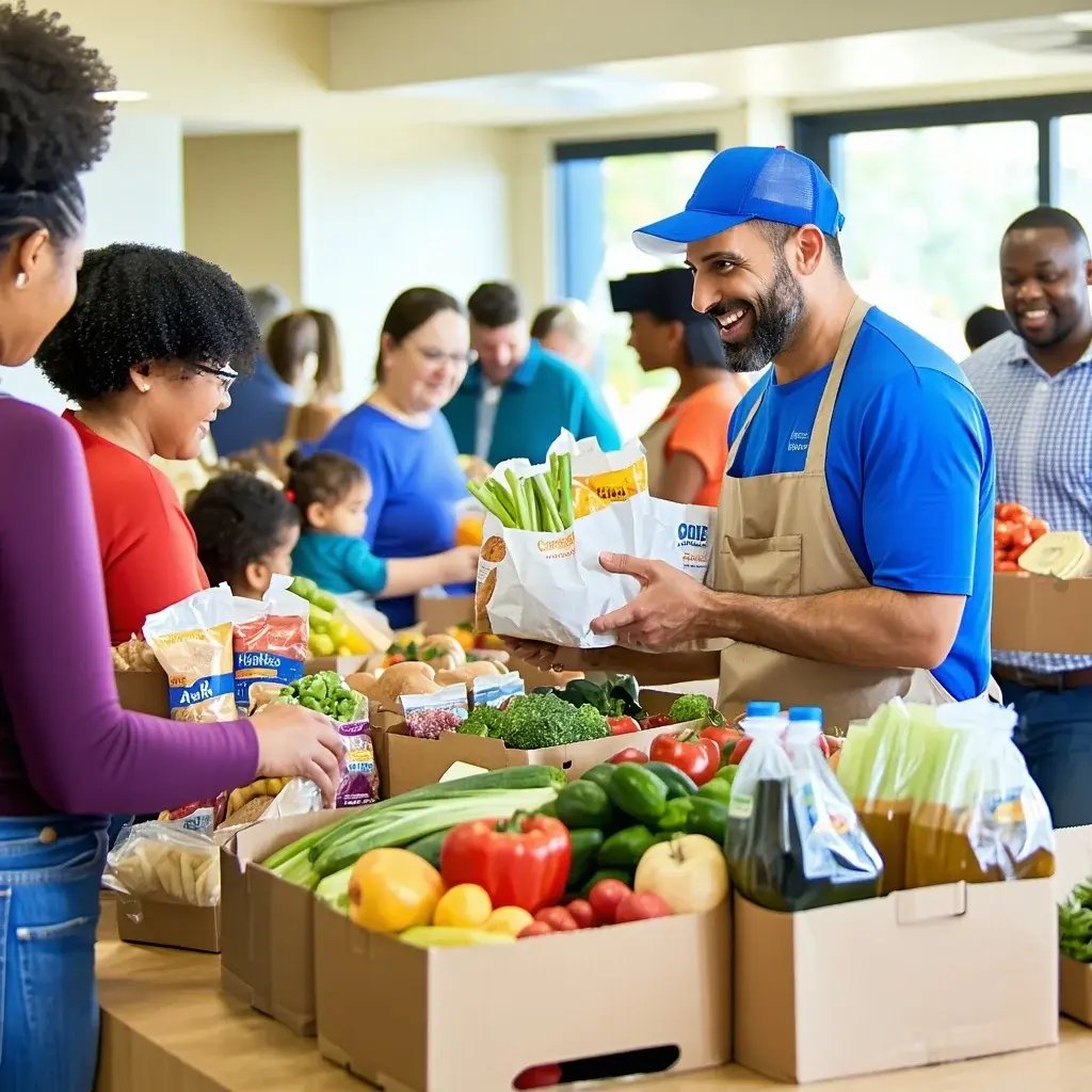 A welcoming community center scene depicting The Compass Food Bank  Outreach Centre in South Mississauga The image features diverse individuals and families receiving groceries sharing meals and engaging in support