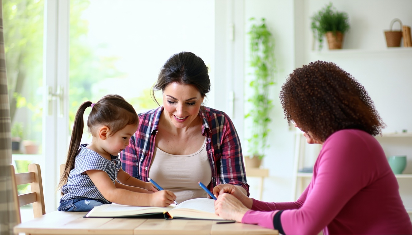 A young girl writes in a book with encouragement from two women, symbolizing education, support, and empowerment in a caring community space.