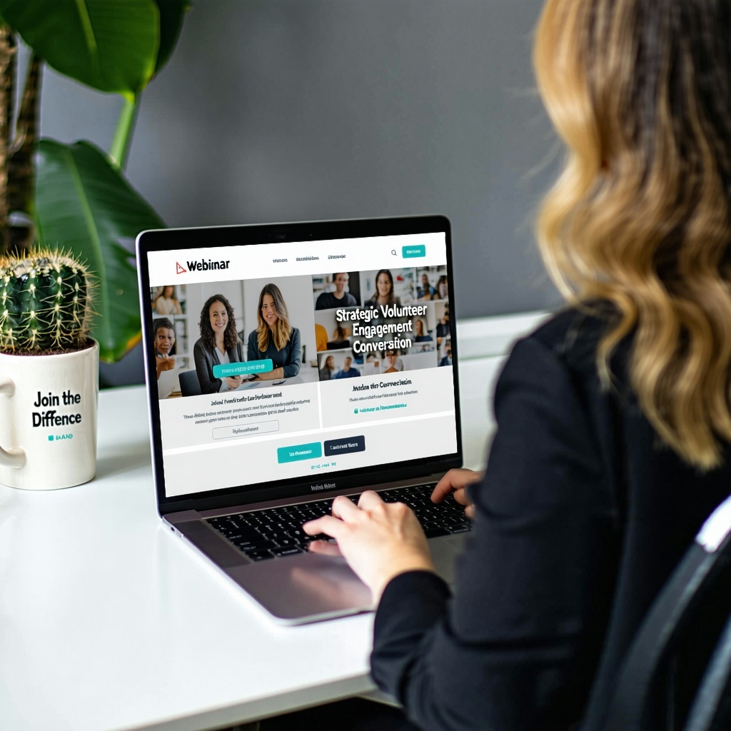 Image of a professional woman sitting at a desk focused on a webinar registration