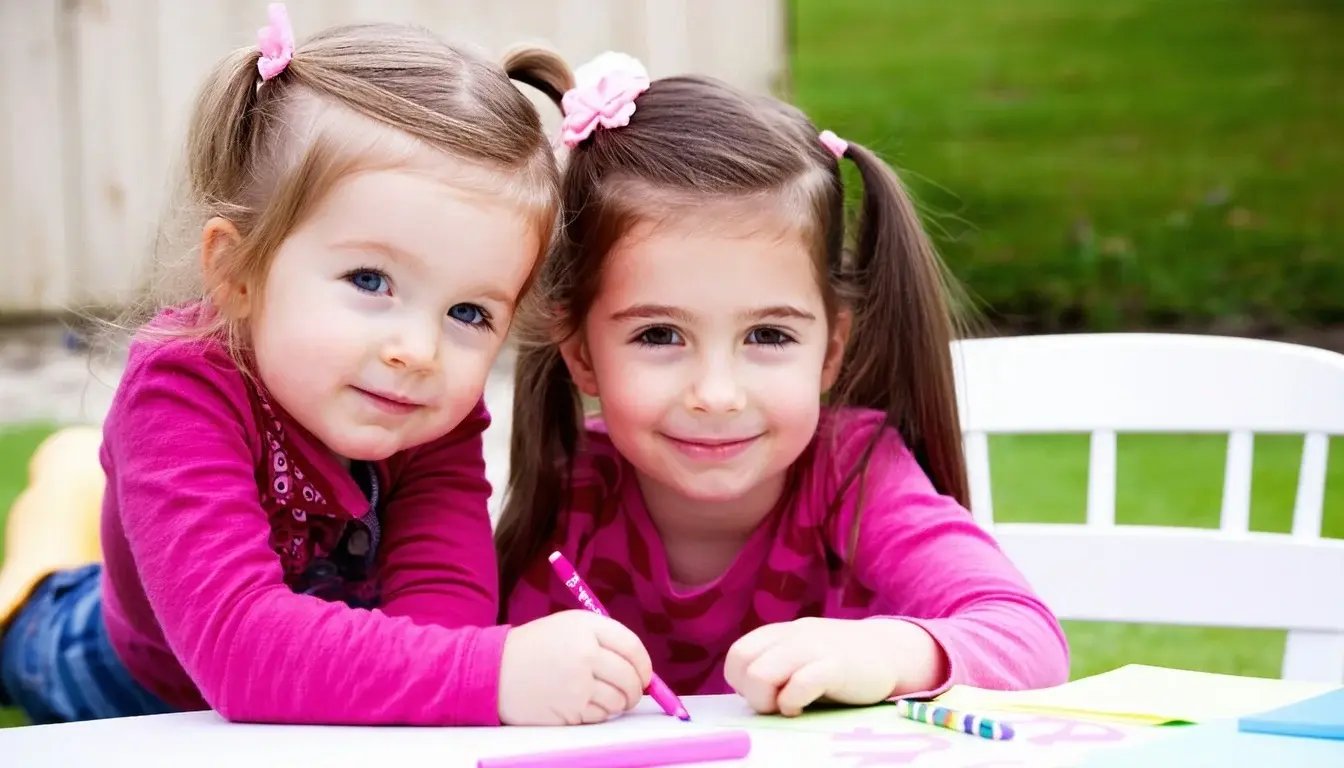 Two little girls laying side by side, smilling and drawing together on paper with colorful crayons.