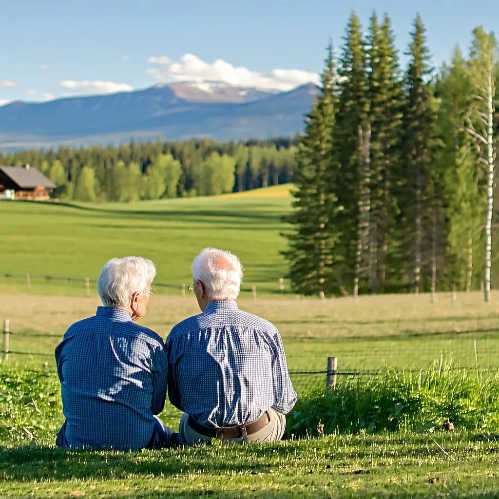 Two elderly people sit together on the grass, overlooking green fields, trees, and distant mountains under a bright blue sky.