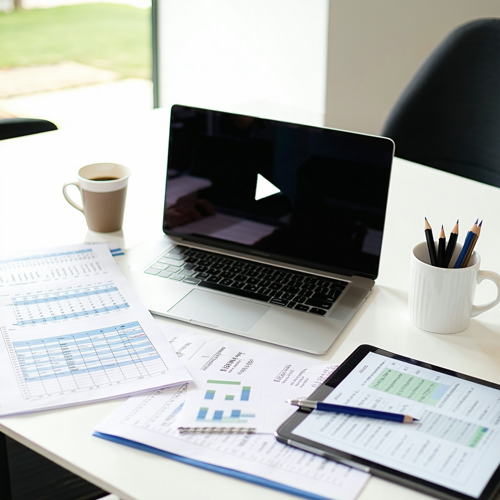 Generate a highquality realistic photo that captures a professional setting where someone is watching a webinar on a laptop The screen should show a paused webinar with a visible play button Surrounding the laptop there could be printed handouts a cu-1