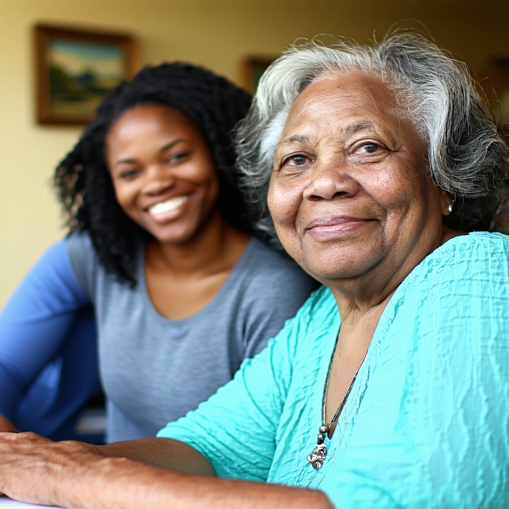 Elderly woman smiling warmly with a younger woman beside her, both seated indoors, reflecting care, dignity, and companionship.
