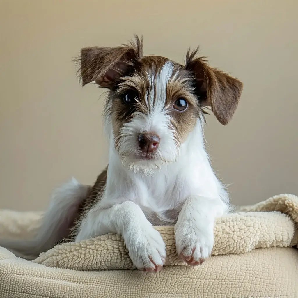 Adorable brown and white terrier puppy resting on a soft beige blanket, gazing at the camera with curious eyes in a cozy indoor setting.