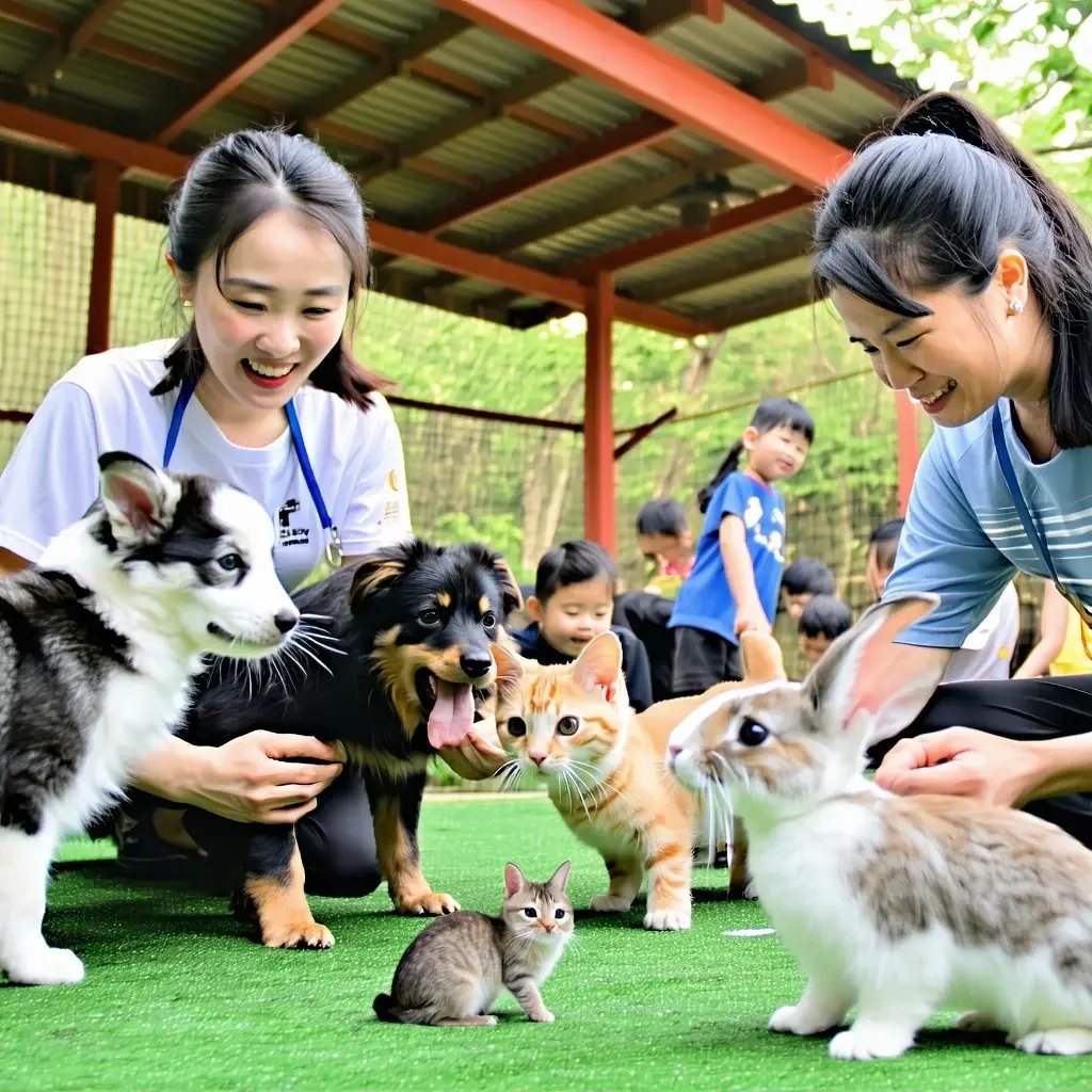 The scene captures a vibrant outdoor shelter brimming with life and warmth where diverse volunteers and staff members representing various ages and backgrounds are tenderly engaging with an array of animalsplayful