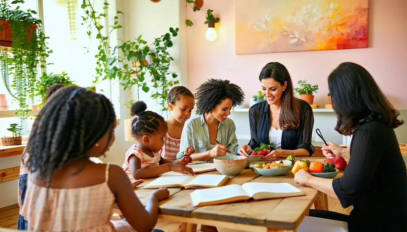 Women and children gather around a table with books and fresh food, sharing learning and support in a bright, welcoming community space.