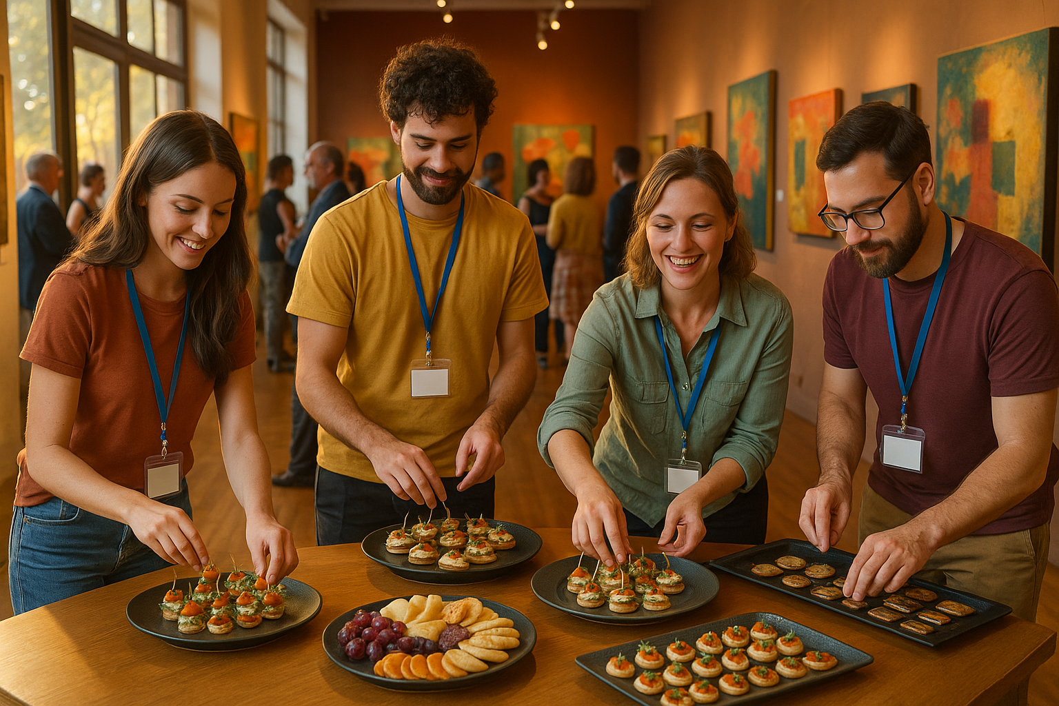photographic A vibrant scene unfolds in a spacious art gallery as enthusiastic volunteers prepare for an opening reception Sunlight streams through la-1