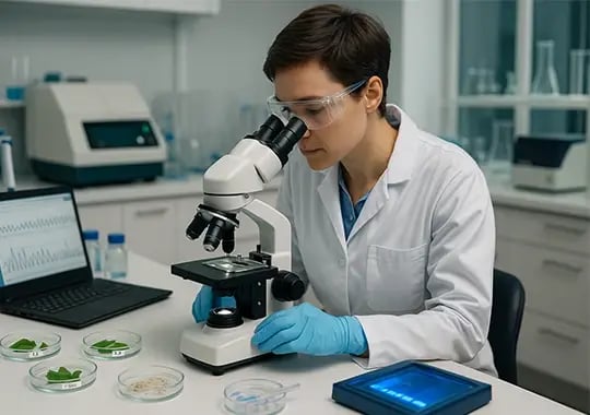 Scientist in lab coat examines citrus leaf samples under a microscope, with petri dishes and DNA data on a nearby laptop in a clean, organized lab.