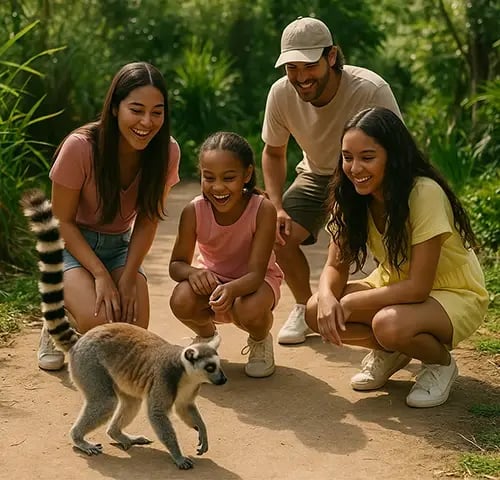 Family of four smiling and crouching on a zoo pathway as a curious ring-tailed lemur walks nearby, surrounded by lush greenery in a warm, natural setting.