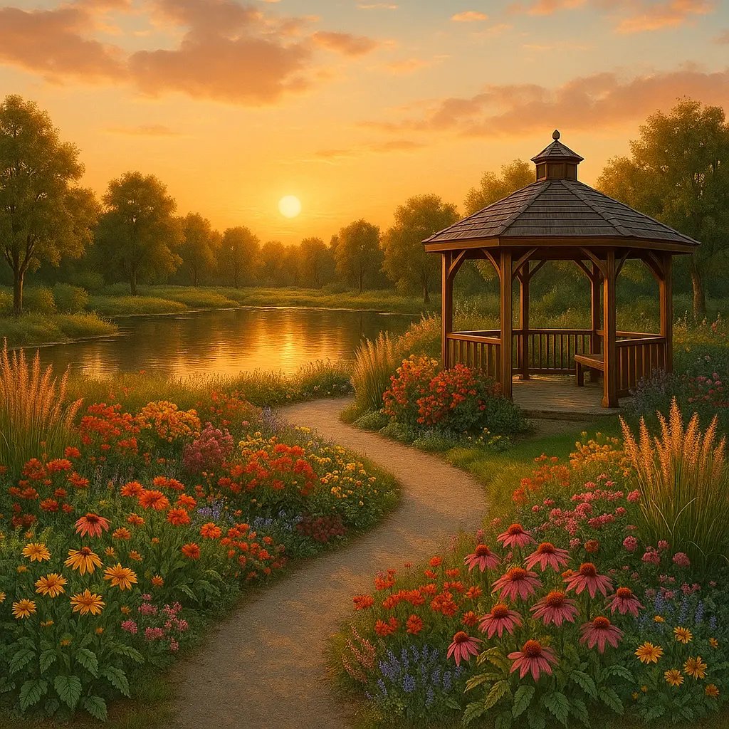 Peaceful hospice garden at sunset with a wooden gazebo, colorful flowers, tall grasses, and a pond reflecting the warm sky at Foothills Country Hospice Society.