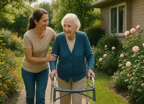 A hospice volunteer walks alongside an elderly woman using a walker in a flower-filled garden. The volunteer smiles warmly while gently supporting the woman’s arm, creating a scene of compassion, dignity, and companionship in hospice care.
