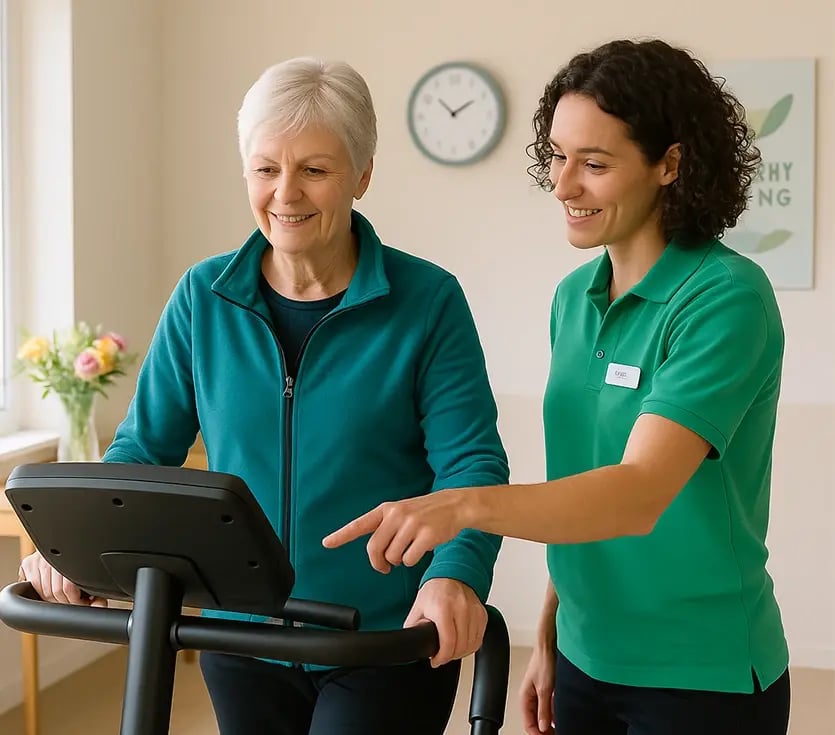Older woman with short silver hair walks on a treadmill while a volunteer in a green polo shirt offers guidance and encouragement in a bright wellness room with natural light and flowers.