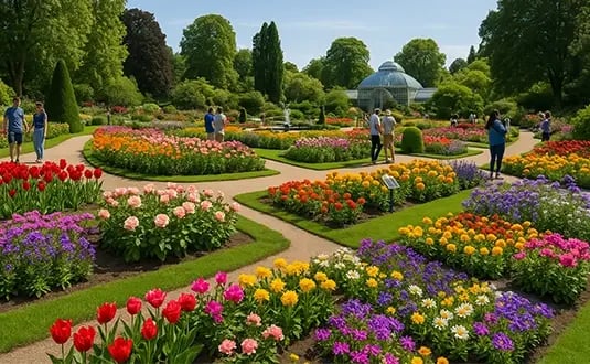 Visitors walk along pathways through colorful flower beds at Queens Botanical Garden, with a glass conservatory and fountain in the background on a sunny day.