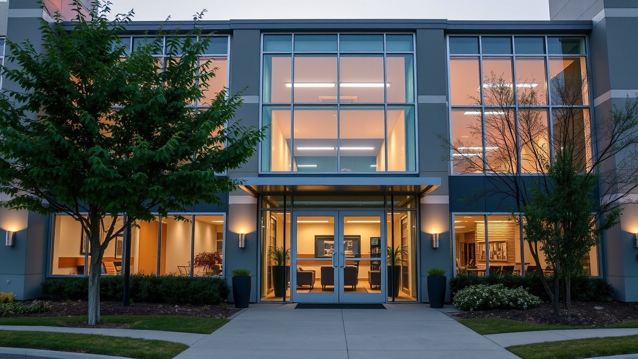 A welcoming, modern building with large windows, surrounded by a few trees and soft outdoor lighting