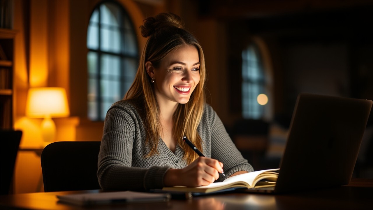 A woman sits at her laptop with a bright, happy expression, engaged in learning. A notepad and pen r