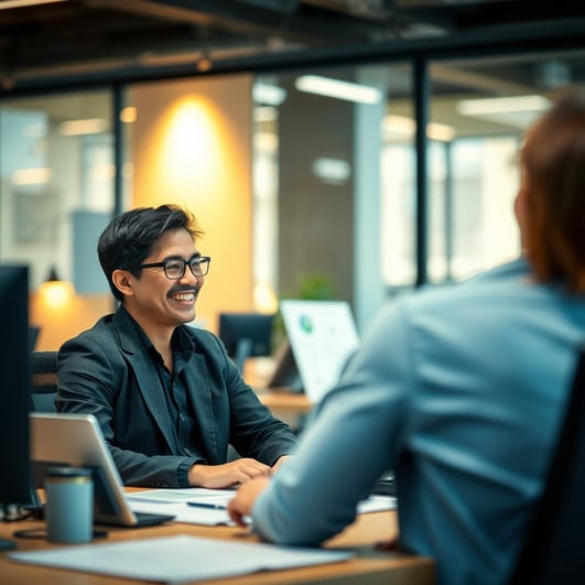 A city worker sitting at a desk, talking and smiling with a co-worker across from them, office envir