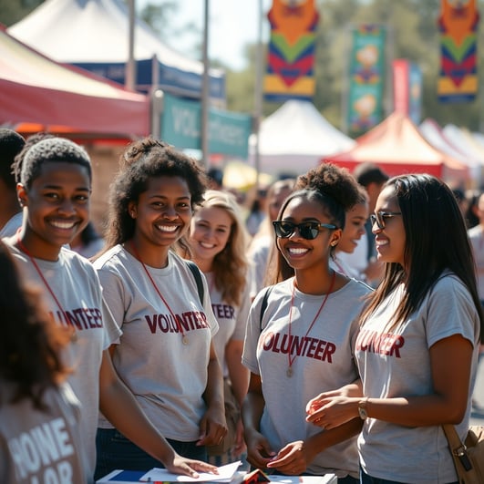 A diverse group of volunteers working together at an outdoor festival, wearing matching volunteer t-