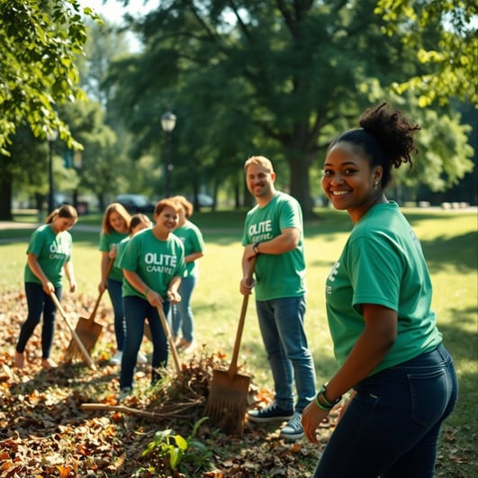 A group of volunteers actively cleaning up a park, picking up litter and raking leaves.