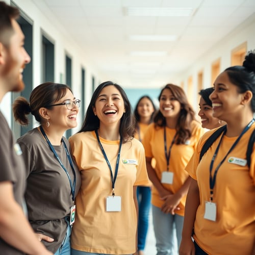 A diverse group of smiling volunteers standing in a hallway, laughing and talking together during a break.