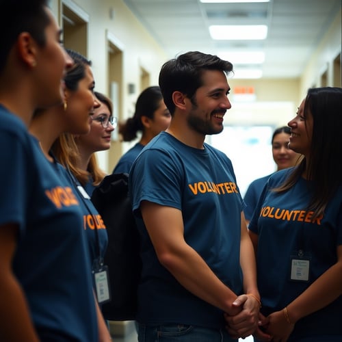 A group of smiling volunteers in matching blue shirts standing in a hallway, talking and connecting before their shift.