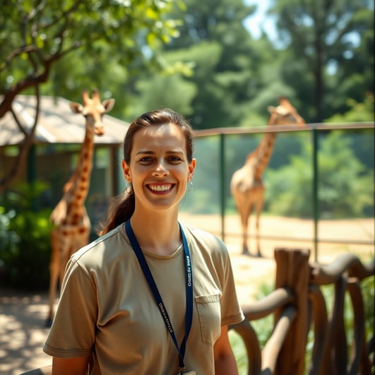 A smiling volunteer at a zoo, wearing  T-shirt and lanyard, standing near an animal enclosure with g