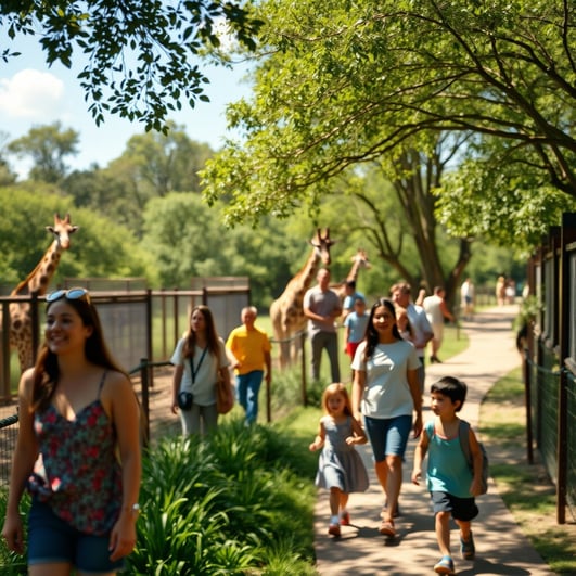 A vibrant zoo scene on a sunny day, lush greenery, various animal enclosures in the background with 