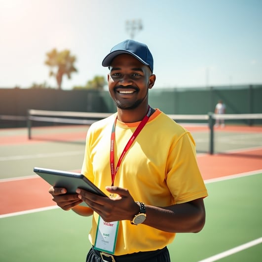 Smiling man in a yellow shirt and blue cap standing on a tennis court, holding a tablet and wearing a lanyard with an ID badge.