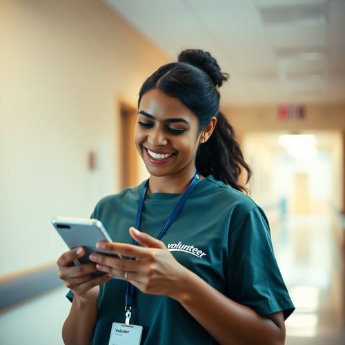 A young female volunteer smiling while using her smartphone in a hallway, wearing an ID badge and a green shirt.