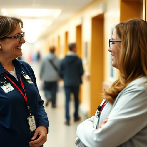 A smiling volunteer in a navy uniform and ID badge chatting with a healthcare professional in a bright hallway.