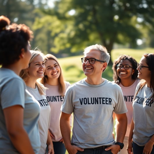A diverse group of volunteers stands together in a sunny park, smiling and chatting while preparing for community service activities.