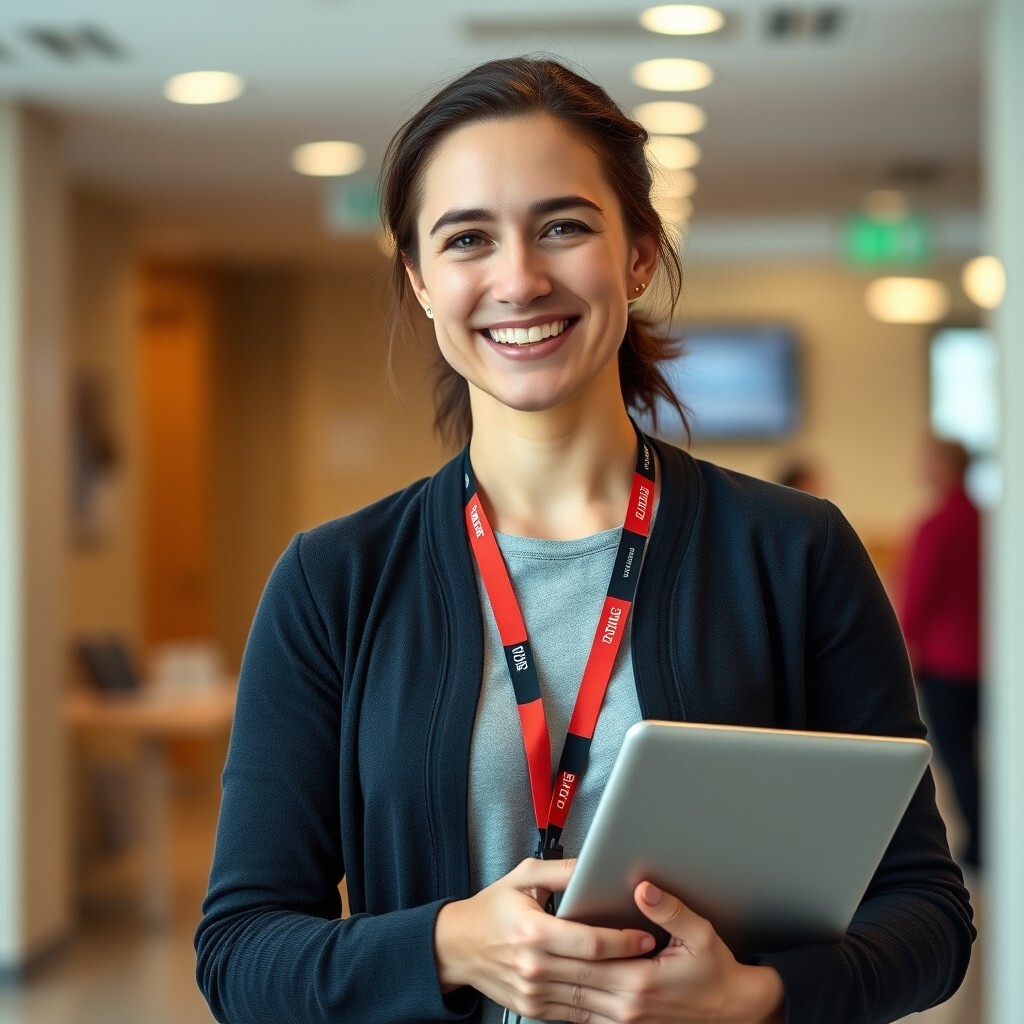 A volunteer manager holding a laptop