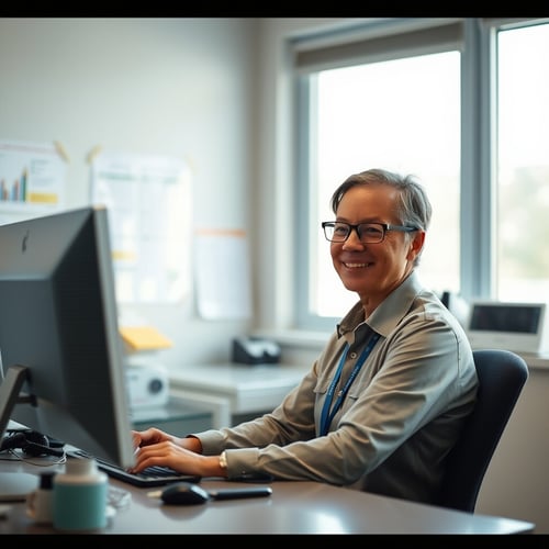 A smiling staff member with glasses working at a desktop computer in a bright office, with charts and documents on the wall behind.