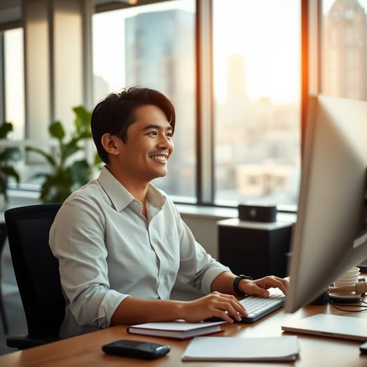 A volunteer manager sitting at a desk in a bright city office, smiling at a computer screen, casual 