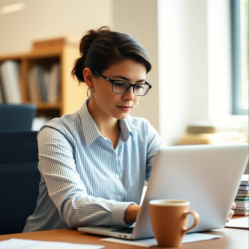 A young woman wearing glasses and a striped blouse working on a laptop in a bright office, with a coffee mug on the desk.