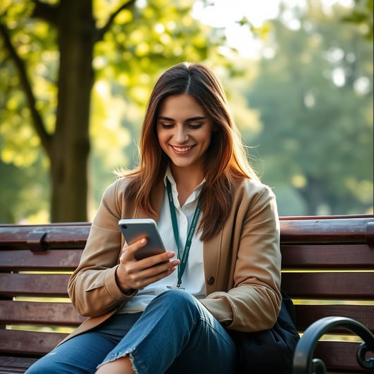 A volunteer manager sitting on a park bench, smiling while looking at a smartphone.