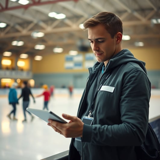 A volunteer manager wearing a lanyard using an iPad at an indoor skating rink, casually dressed, foc